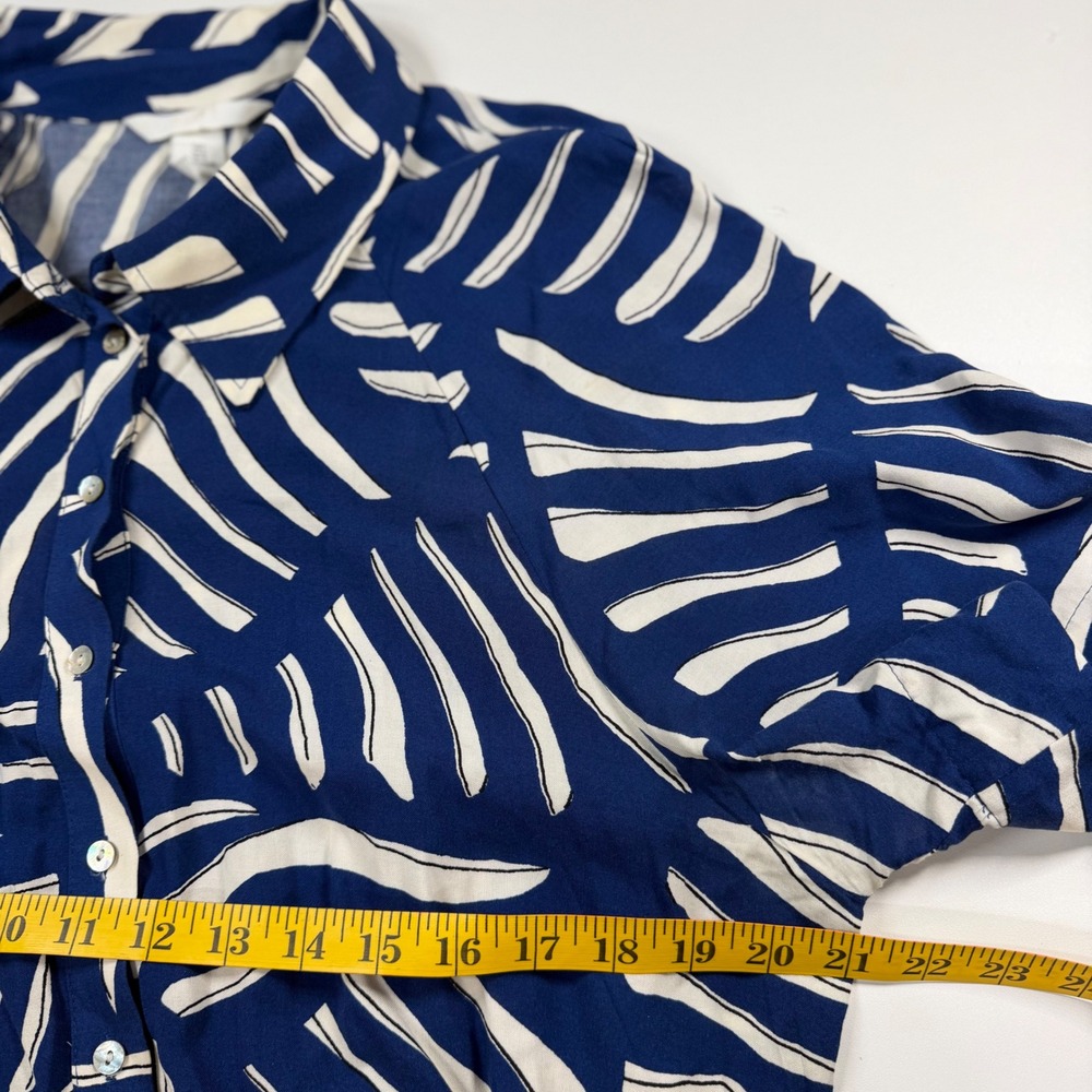 H&M Shirt Dress Women L Blue Leaf Print Short Sleeve Belted Button Front Midi - Picture 10 of 13